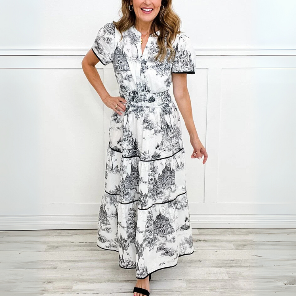 Billie - Ruched Print Tiered Maxi Dress